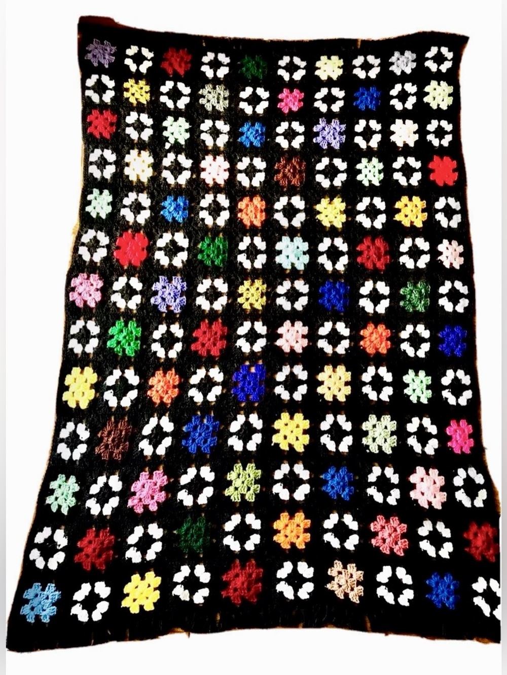 Granny Square Afghan Hand Crochet Black Multi Color Vtg Blanket Roseanne 68X48